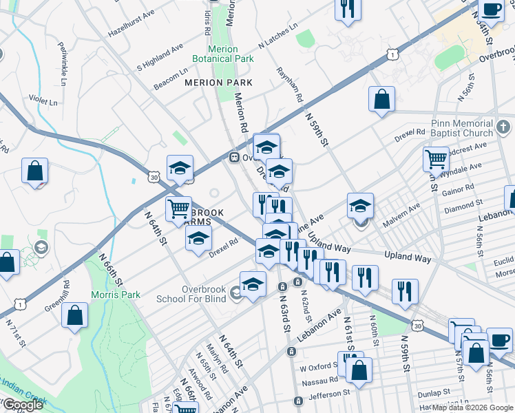 map of restaurants, bars, coffee shops, grocery stores, and more near 6300 Sherwood Road in Philadelphia