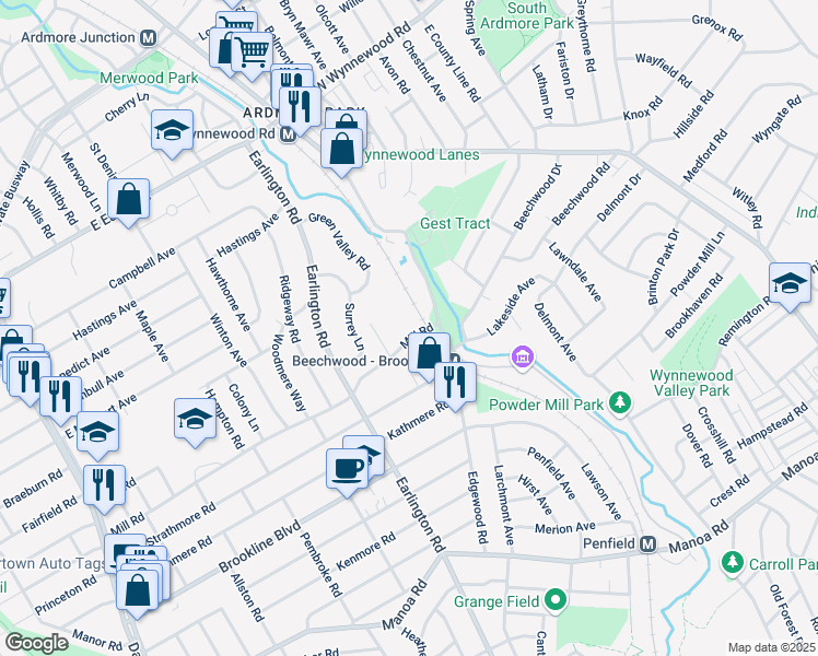 map of restaurants, bars, coffee shops, grocery stores, and more near 562 Mill Road in Havertown