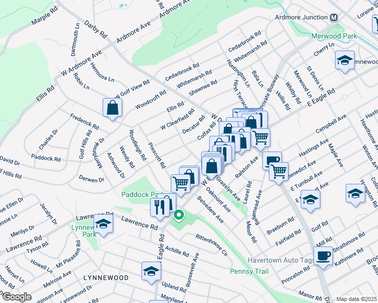 map of restaurants, bars, coffee shops, grocery stores, and more near 2516 Grasslyn Avenue in Havertown