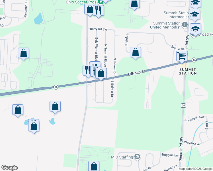 map of restaurants, bars, coffee shops, grocery stores, and more near 90 South Belmar Drive in Reynoldsburg