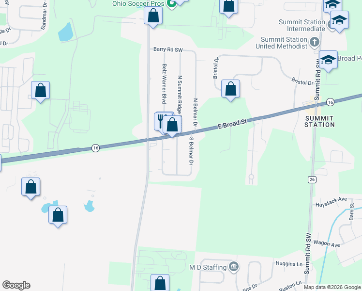 map of restaurants, bars, coffee shops, grocery stores, and more near 90 South Belmar Drive in Reynoldsburg