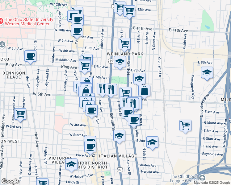 map of restaurants, bars, coffee shops, grocery stores, and more near 164 East 5th Avenue in Columbus