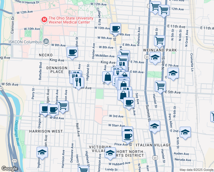 map of restaurants, bars, coffee shops, grocery stores, and more near 1189 Dennison Avenue in Columbus