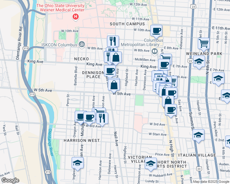 map of restaurants, bars, coffee shops, grocery stores, and more near in Columbus