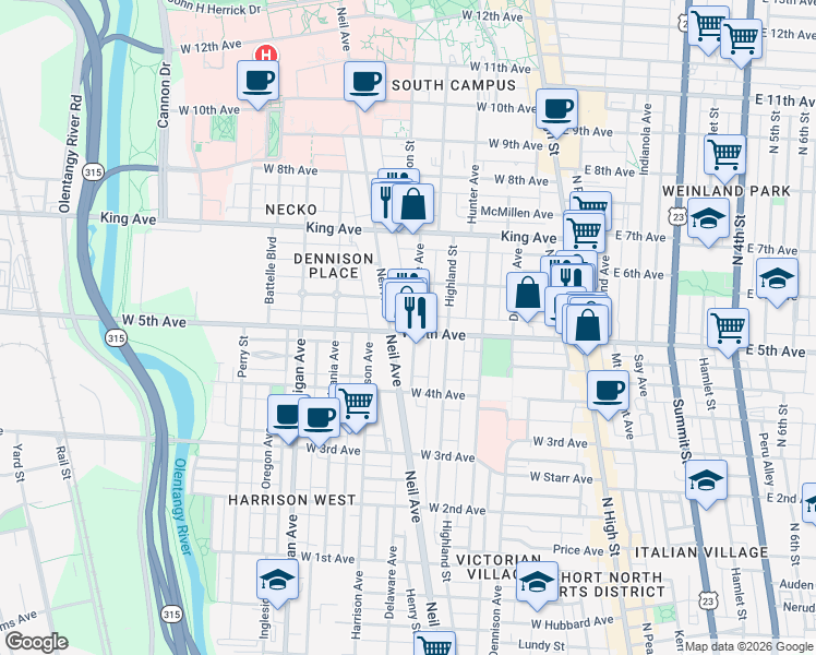 map of restaurants, bars, coffee shops, grocery stores, and more near in Columbus