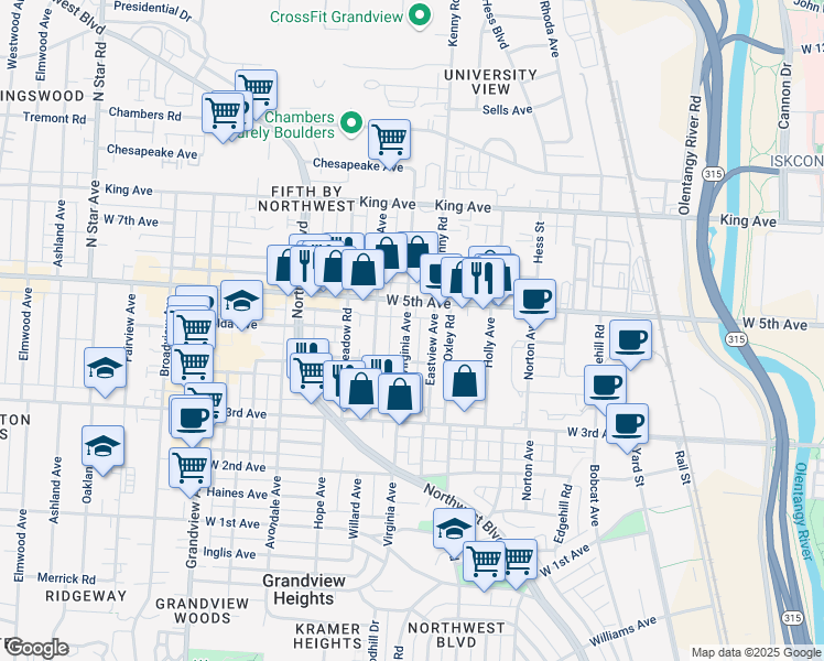 map of restaurants, bars, coffee shops, grocery stores, and more near 1383 Virginia Avenue in Columbus
