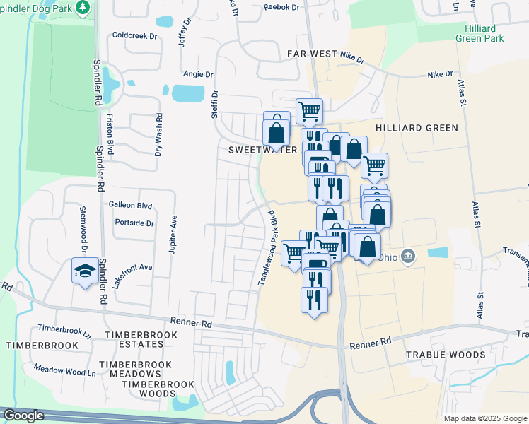 map of restaurants, bars, coffee shops, grocery stores, and more near 1772 Bennigan Drive in Hilliard