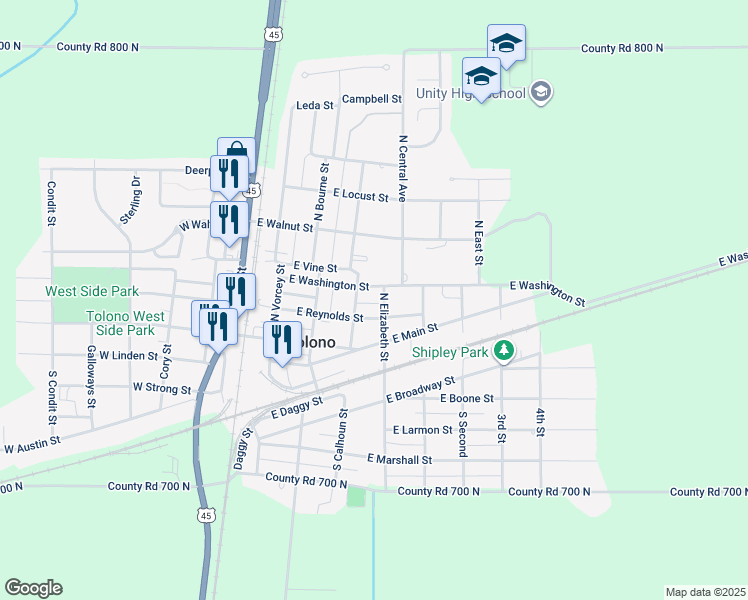 map of restaurants, bars, coffee shops, grocery stores, and more near 206 North Elizabeth Street in Tolono