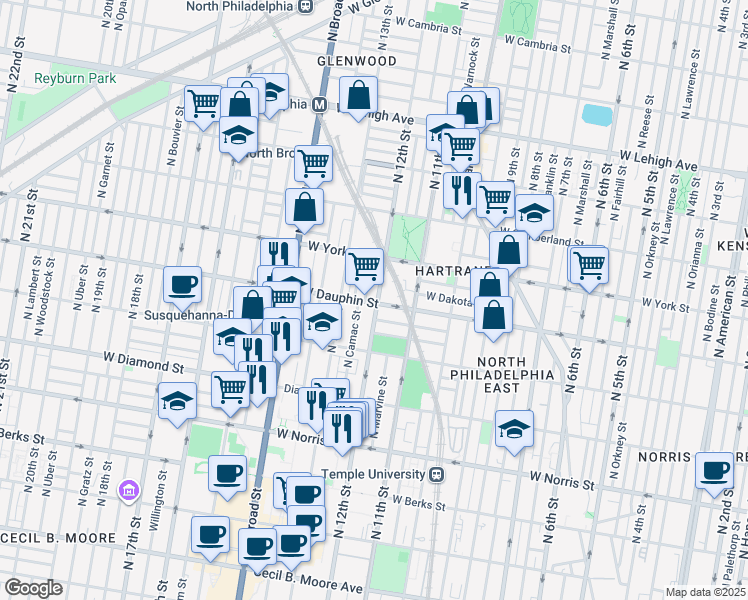 map of restaurants, bars, coffee shops, grocery stores, and more near 2300 North 12th Street in Philadelphia