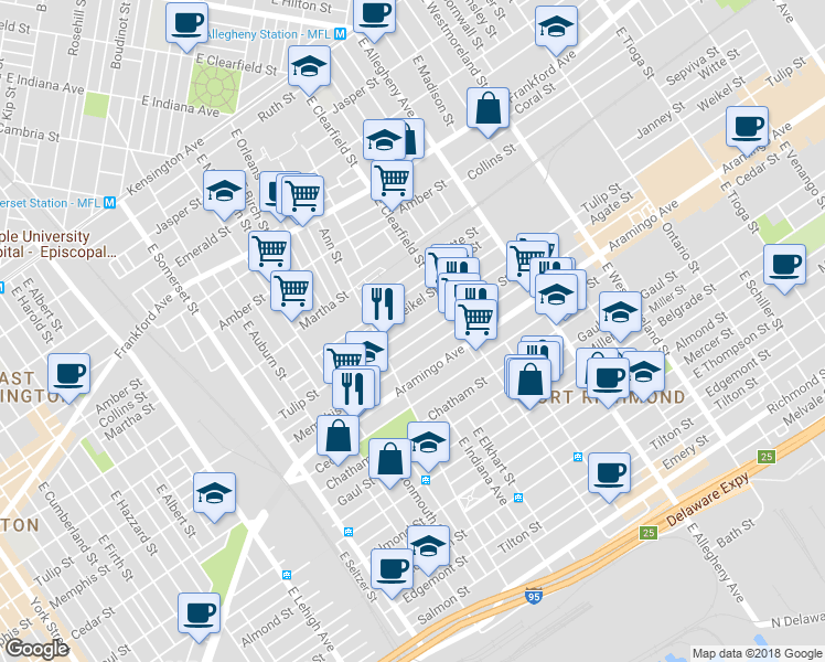 map of restaurants, bars, coffee shops, grocery stores, and more near 3039 Tulip Street in Philadelphia