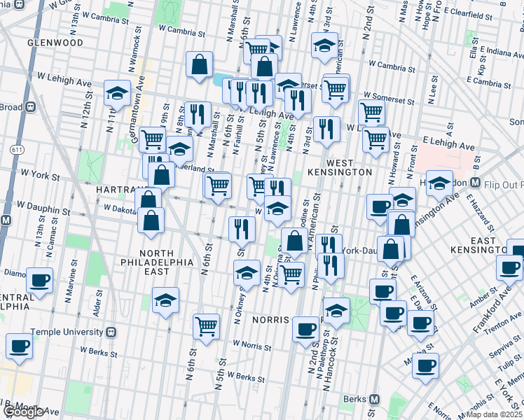 map of restaurants, bars, coffee shops, grocery stores, and more near 427 West York Street in Philadelphia
