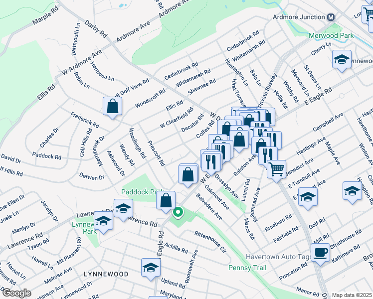 map of restaurants, bars, coffee shops, grocery stores, and more near 2516 Grasslyn Avenue in Havertown