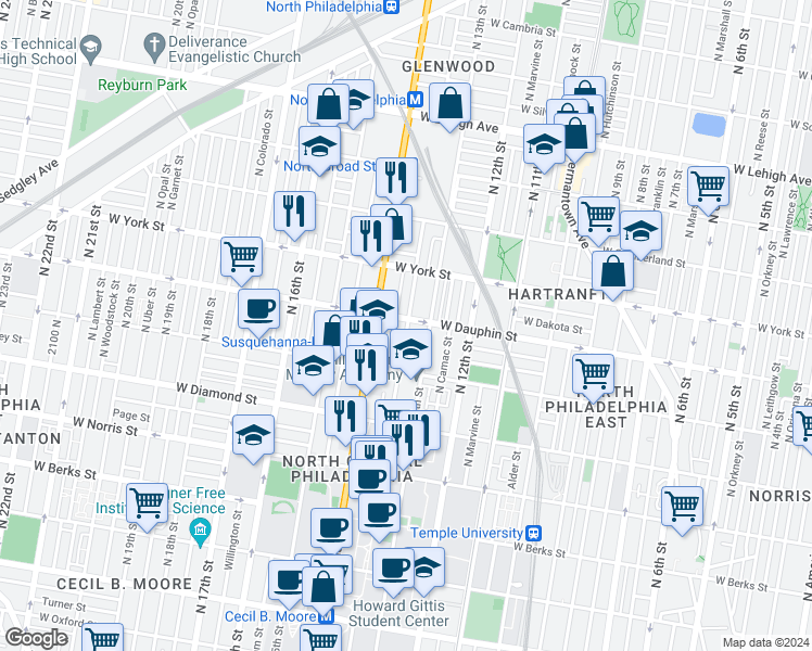 map of restaurants, bars, coffee shops, grocery stores, and more near 2255 N Park Ave in Philadelphia