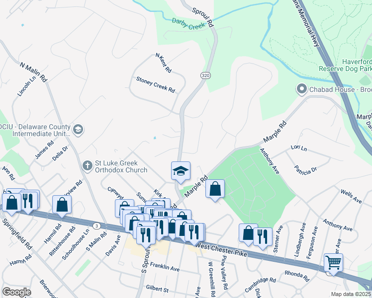 map of restaurants, bars, coffee shops, grocery stores, and more near 200 Arden Road in Broomall