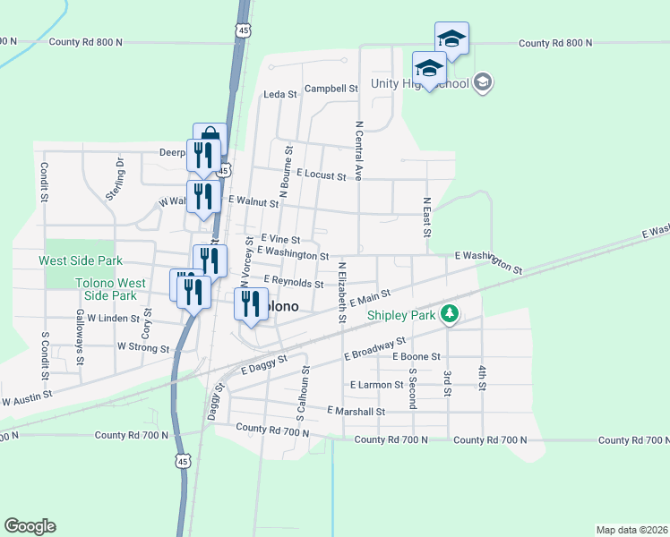 map of restaurants, bars, coffee shops, grocery stores, and more near 206 North Elizabeth Street in Tolono
