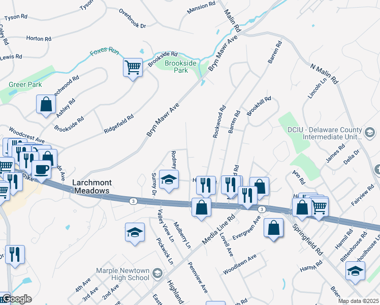 map of restaurants, bars, coffee shops, grocery stores, and more near 35 Radnor Drive in Newtown Square