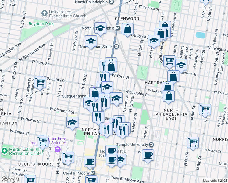 map of restaurants, bars, coffee shops, grocery stores, and more near 2258 North Park Avenue in Philadelphia