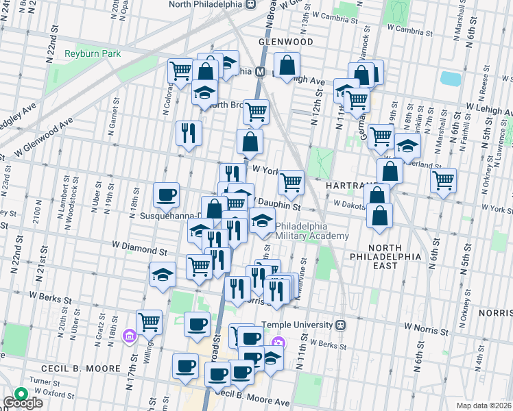map of restaurants, bars, coffee shops, grocery stores, and more near 2239 North Park Avenue in Philadelphia