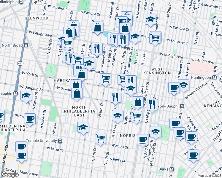 map of restaurants, bars, coffee shops, grocery stores, and more near 526 West York Street in Philadelphia