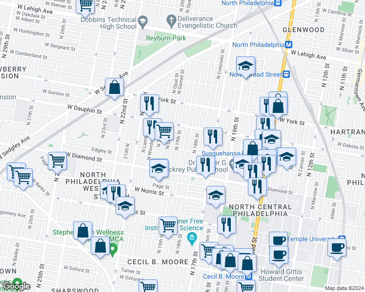 map of restaurants, bars, coffee shops, grocery stores, and more near 2208 North Gratz Street in Philadelphia