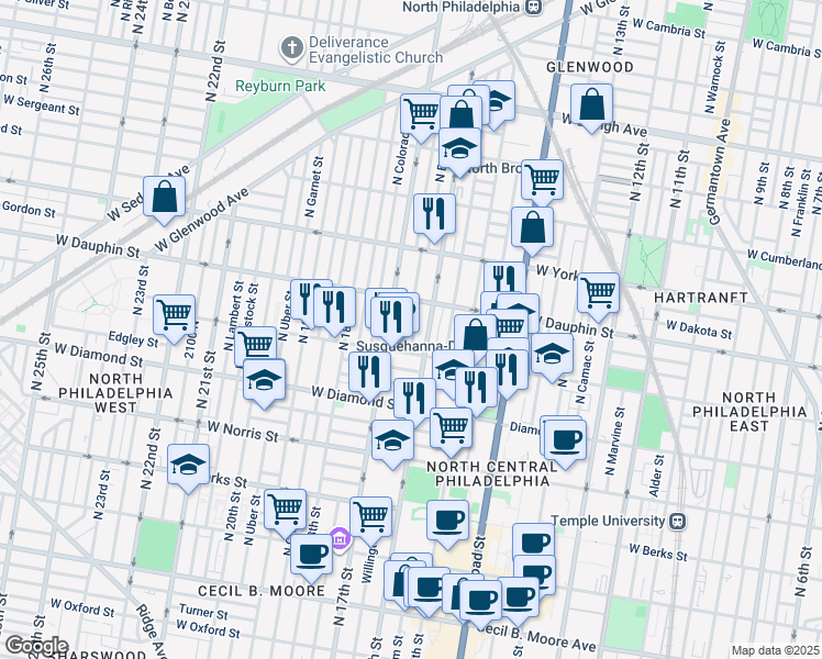 map of restaurants, bars, coffee shops, grocery stores, and more near 2234 North Bancroft Street in Philadelphia
