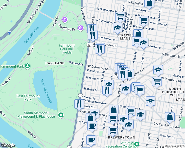 map of restaurants, bars, coffee shops, grocery stores, and more near 2018 North 32nd Street in Philadelphia