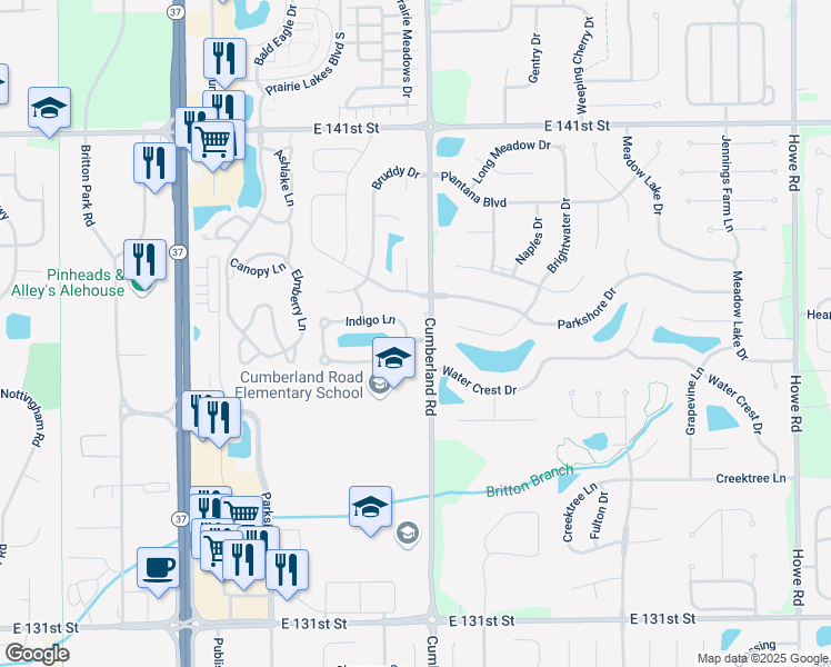 map of restaurants, bars, coffee shops, grocery stores, and more near 13679 Indigo Lane in Fishers