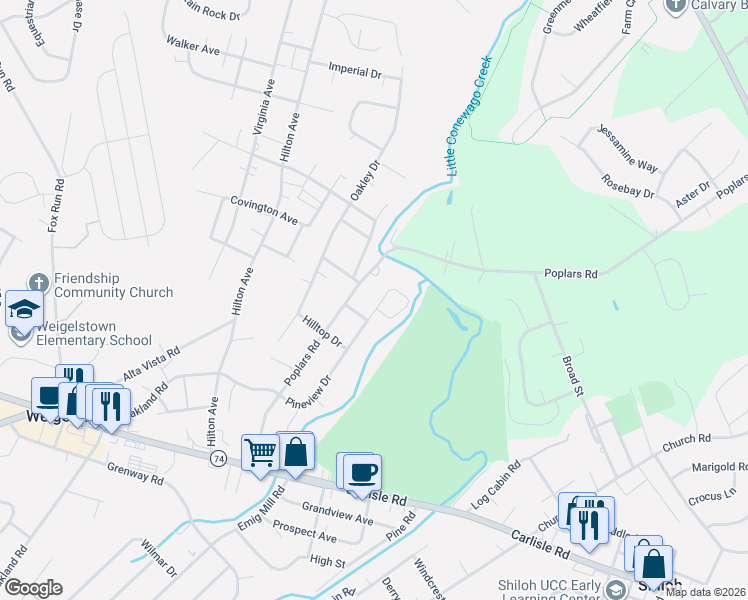 map of restaurants, bars, coffee shops, grocery stores, and more near 2783 Pineview Drive in York