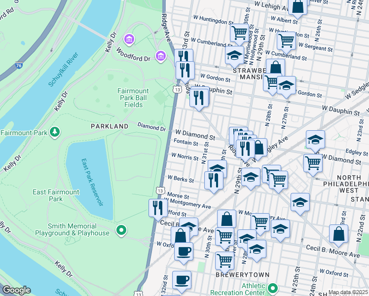 map of restaurants, bars, coffee shops, grocery stores, and more near 2018 North 32nd Street in Philadelphia