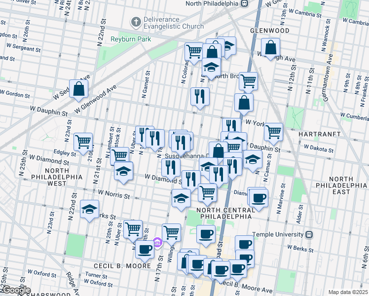 map of restaurants, bars, coffee shops, grocery stores, and more near 2232 North Chadwick Street in Philadelphia