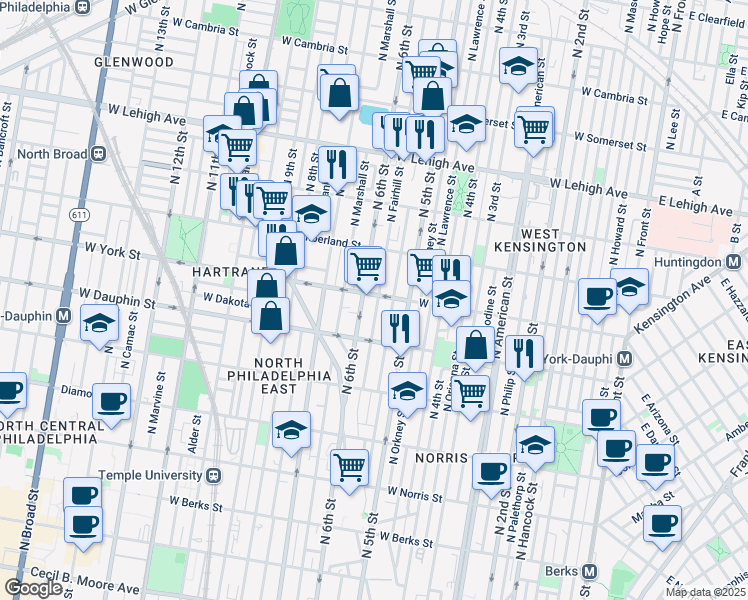 map of restaurants, bars, coffee shops, grocery stores, and more near 2358 North Fairhill Street in Philadelphia