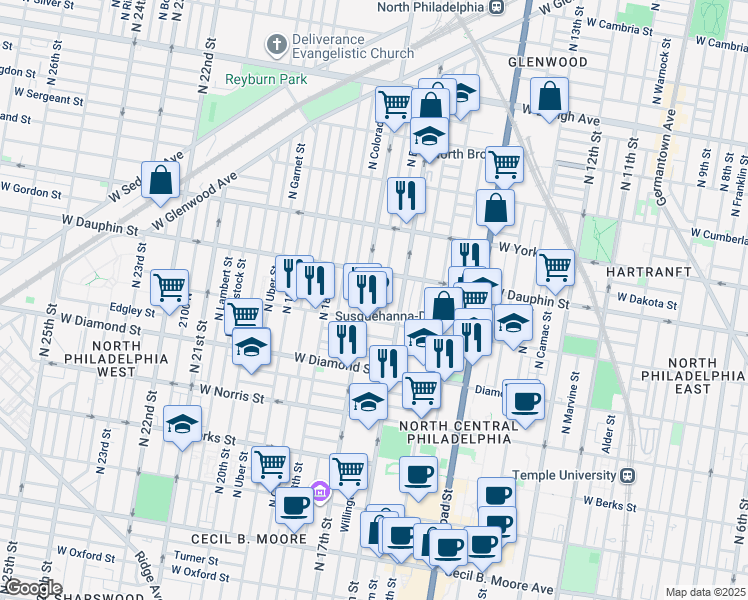 map of restaurants, bars, coffee shops, grocery stores, and more near 2232 North Chadwick Street in Philadelphia