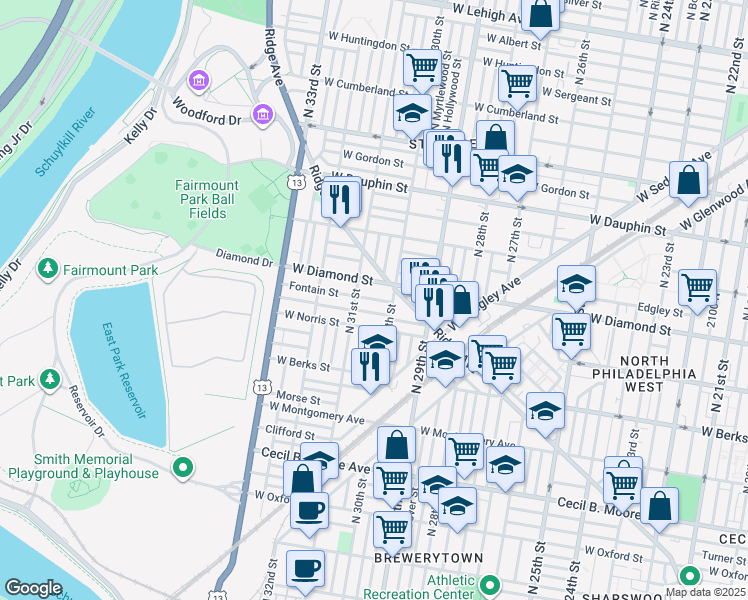 map of restaurants, bars, coffee shops, grocery stores, and more near 3016 Page Street in Philadelphia