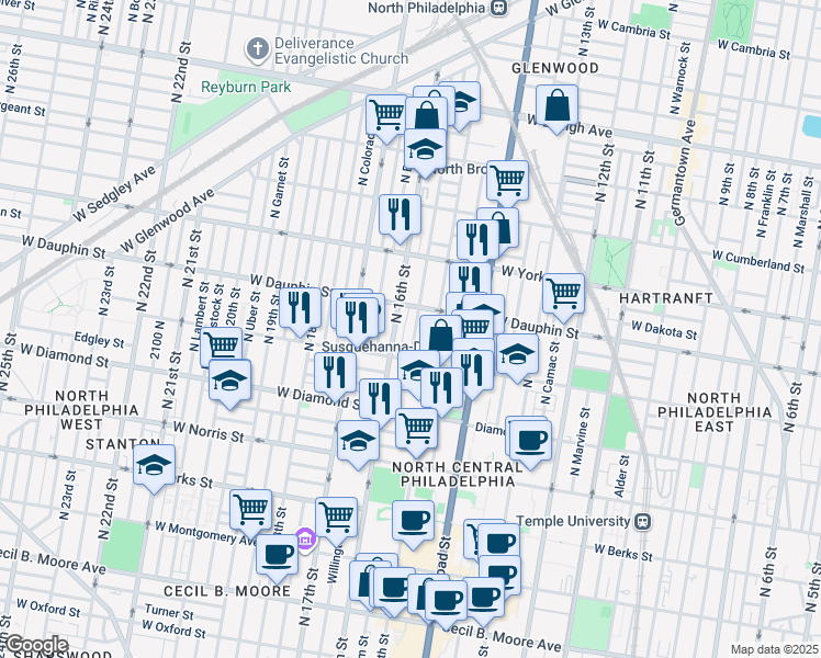 map of restaurants, bars, coffee shops, grocery stores, and more near 2243 North Mole Street in Philadelphia