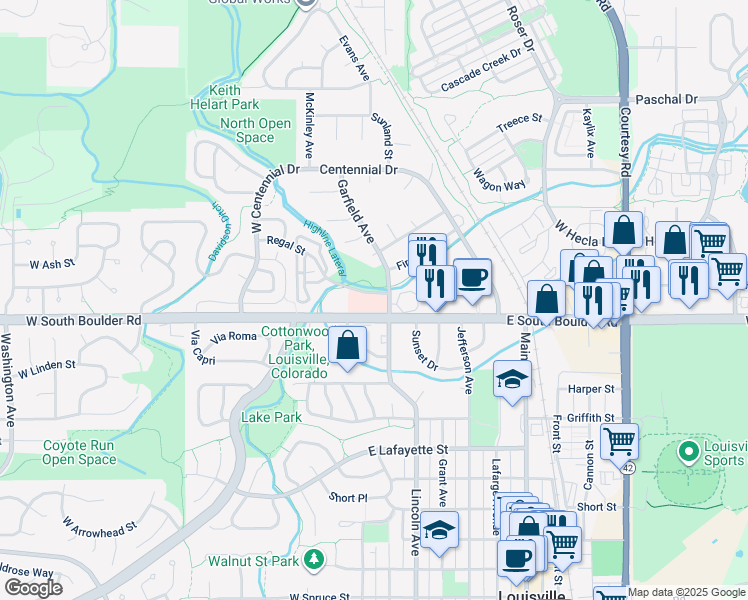 map of restaurants, bars, coffee shops, grocery stores, and more near 1700 Garfield Avenue in Louisville