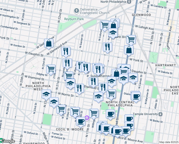 map of restaurants, bars, coffee shops, grocery stores, and more near 2217 North 18th Street in Philadelphia