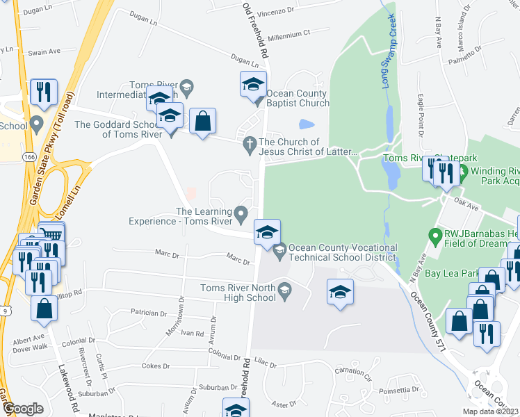 map of restaurants, bars, coffee shops, grocery stores, and more near 1332 Old Freehold Road in Toms River