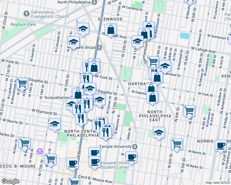 map of restaurants, bars, coffee shops, grocery stores, and more near 2302 North 12th Street in Philadelphia