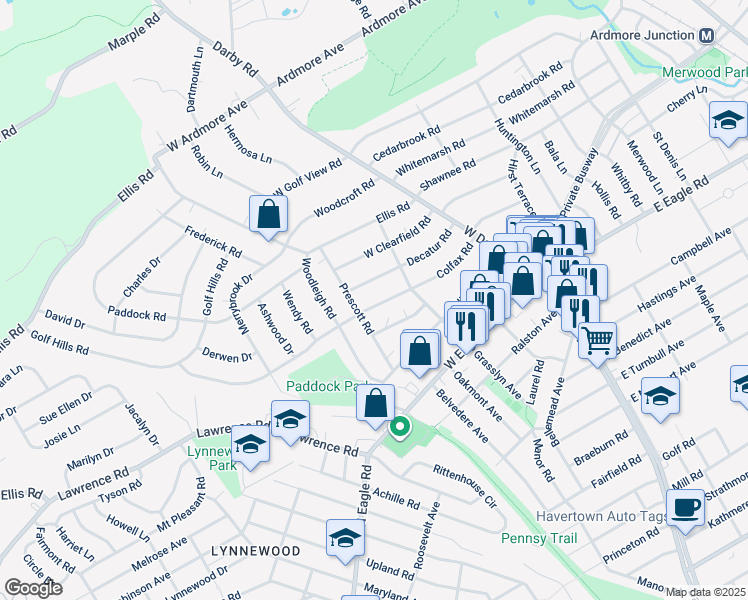 map of restaurants, bars, coffee shops, grocery stores, and more near 132 Colfax Road in Havertown