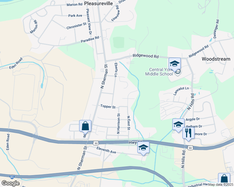 map of restaurants, bars, coffee shops, grocery stores, and more near 1807 Eberts Lane in York