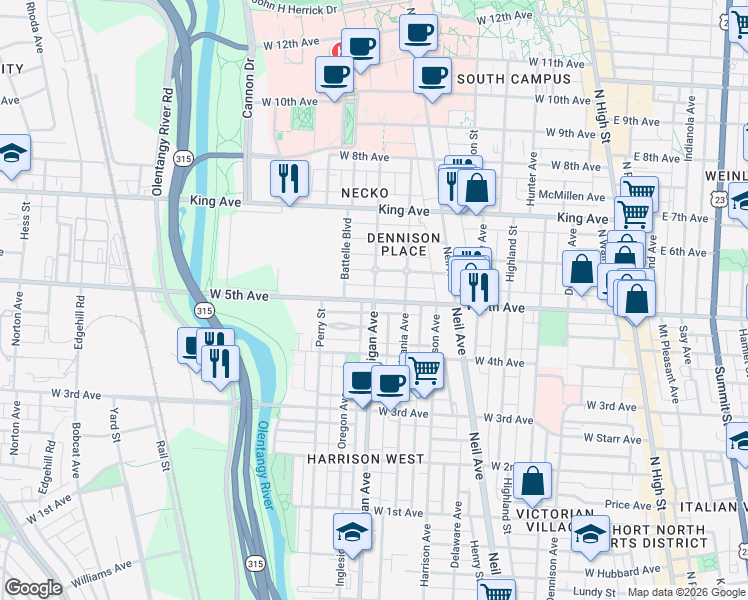 map of restaurants, bars, coffee shops, grocery stores, and more near W 5th Ave & Michigan Ave in Columbus