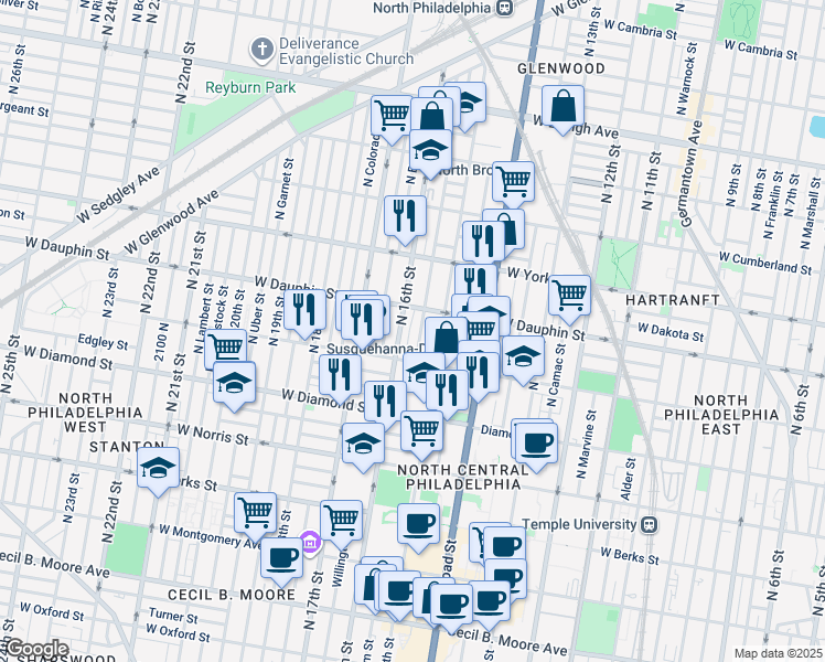 map of restaurants, bars, coffee shops, grocery stores, and more near 2243 North Mole Street in Philadelphia