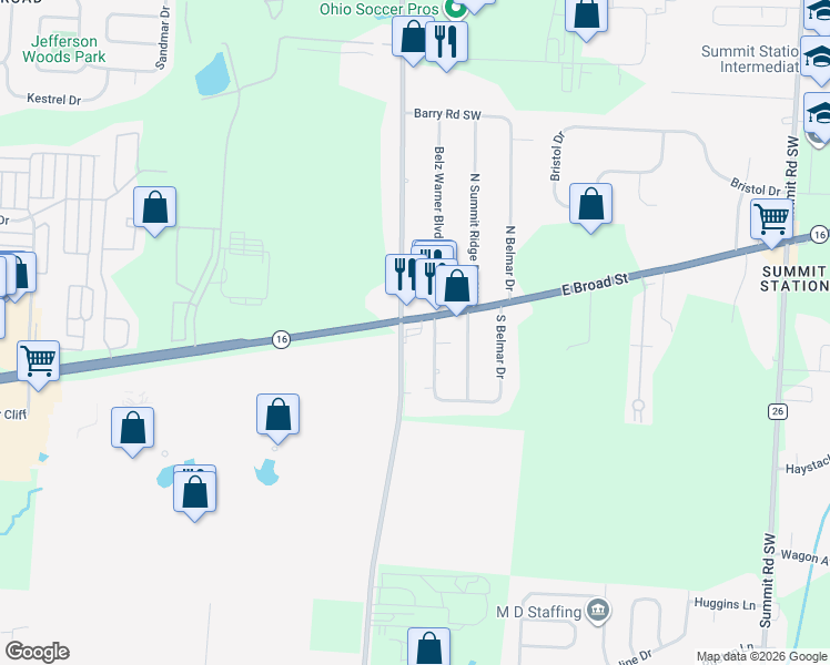 map of restaurants, bars, coffee shops, grocery stores, and more near 8861 East Broad Street in Reynoldsburg