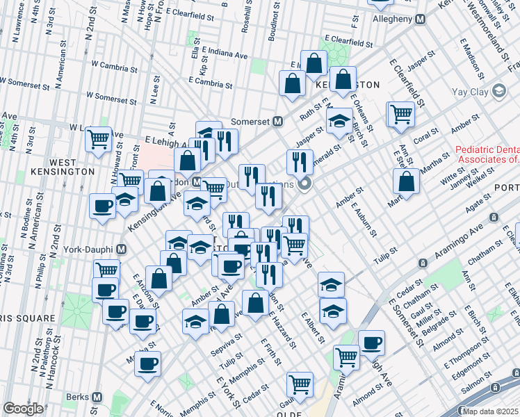 map of restaurants, bars, coffee shops, grocery stores, and more near 2012 East Lehigh Avenue in Philadelphia