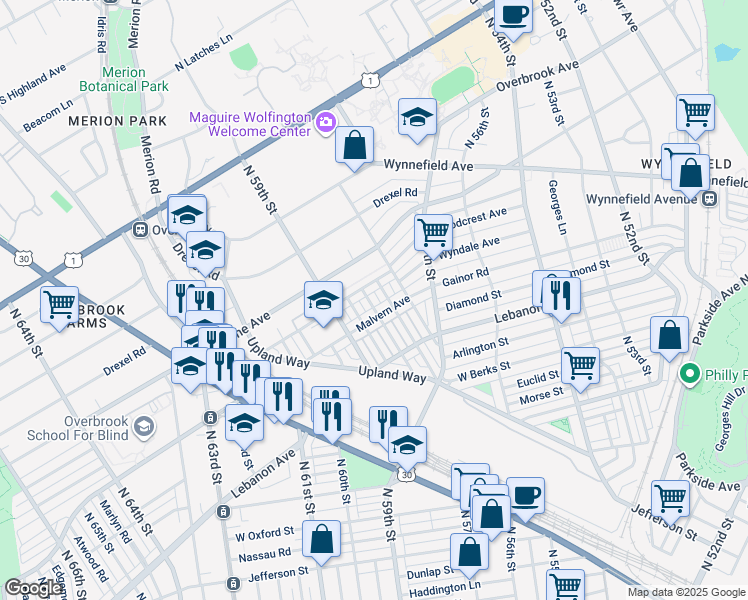 map of restaurants, bars, coffee shops, grocery stores, and more near 2219 North Hobart Street in Philadelphia