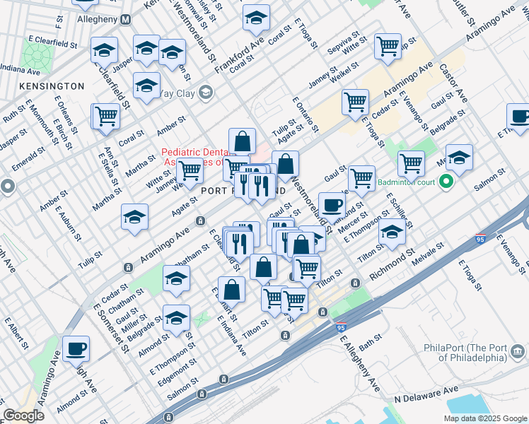 map of restaurants, bars, coffee shops, grocery stores, and more near 2425 East Allegheny Avenue in Philadelphia