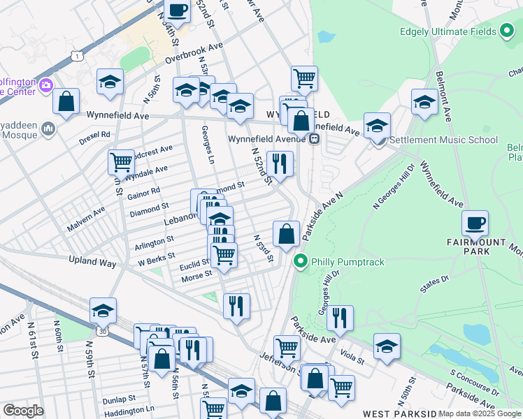 map of restaurants, bars, coffee shops, grocery stores, and more near 5253 Arlington St in Philadelphia