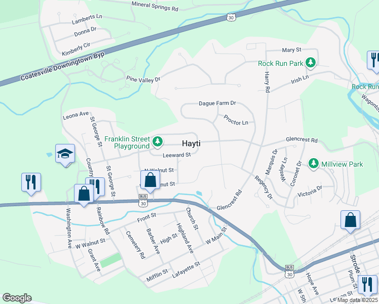 map of restaurants, bars, coffee shops, grocery stores, and more near 616 Leeward Street in Coatesville