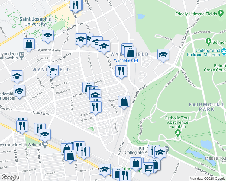 map of restaurants, bars, coffee shops, grocery stores, and more near 5253 Arlington St in Philadelphia