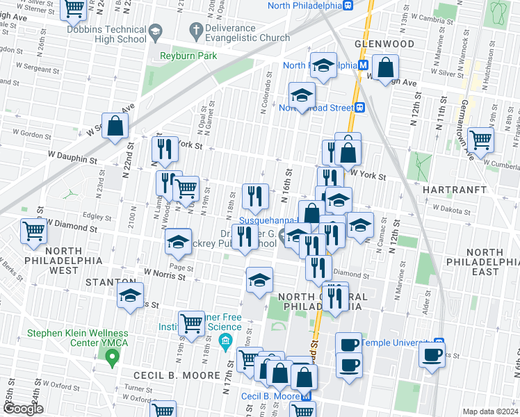 map of restaurants, bars, coffee shops, grocery stores, and more near 2229 North 17th Street in Philadelphia